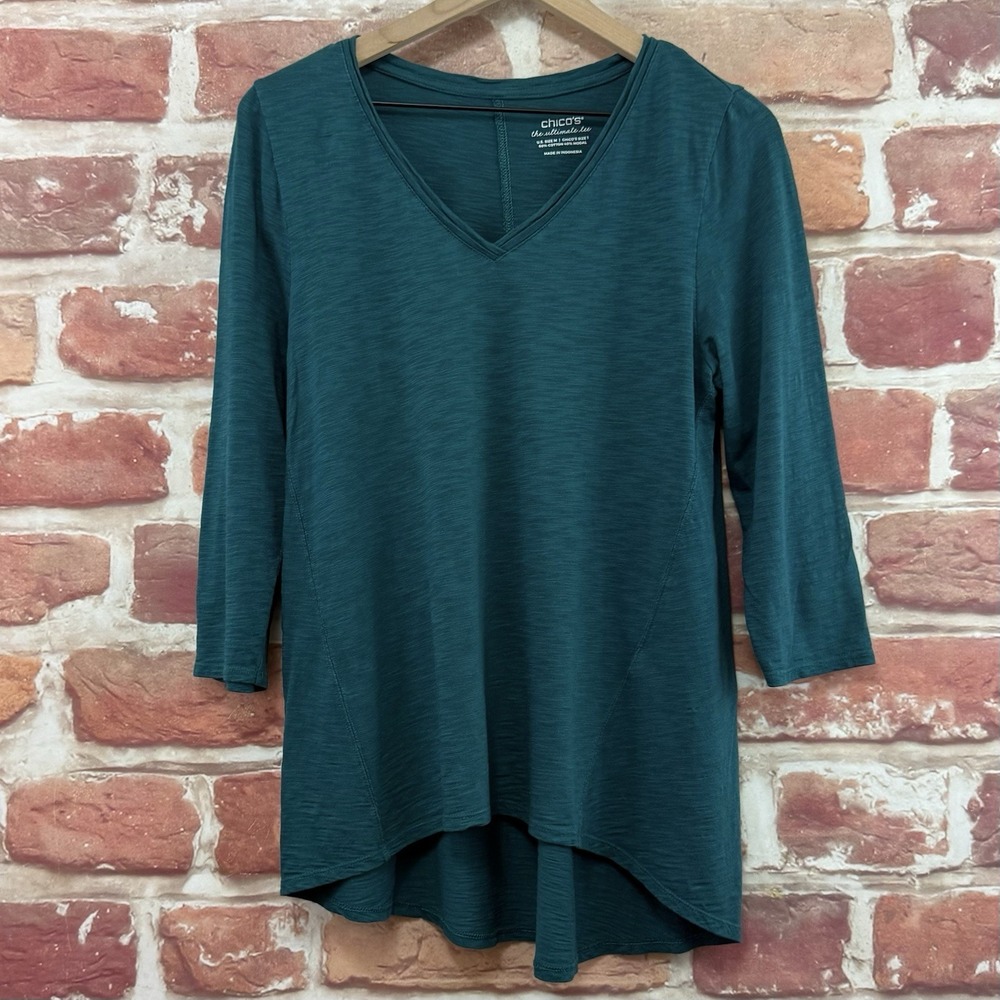 Chicos Ultimate Tee Top Womens M Teal Blue Slubbed Casual Everyday Basic T Shirt